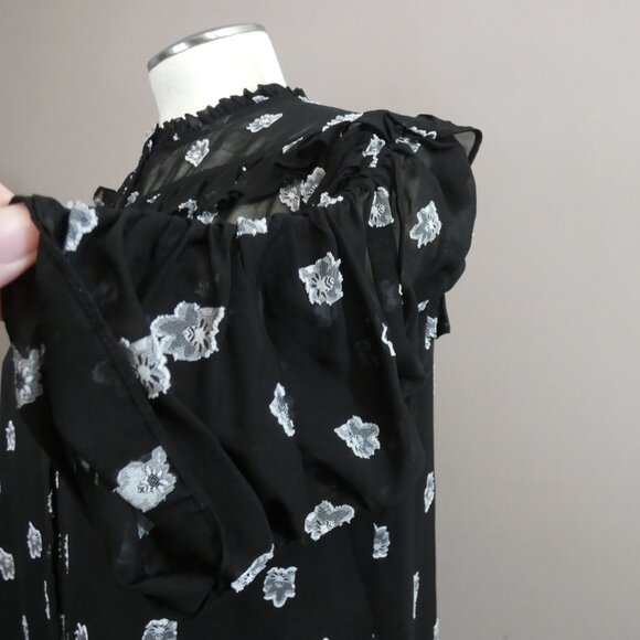 Shoshanna Women's M Terra Top Black Semi Sheer Floral Button Up Ruffle Detail - Picture 5 of 11